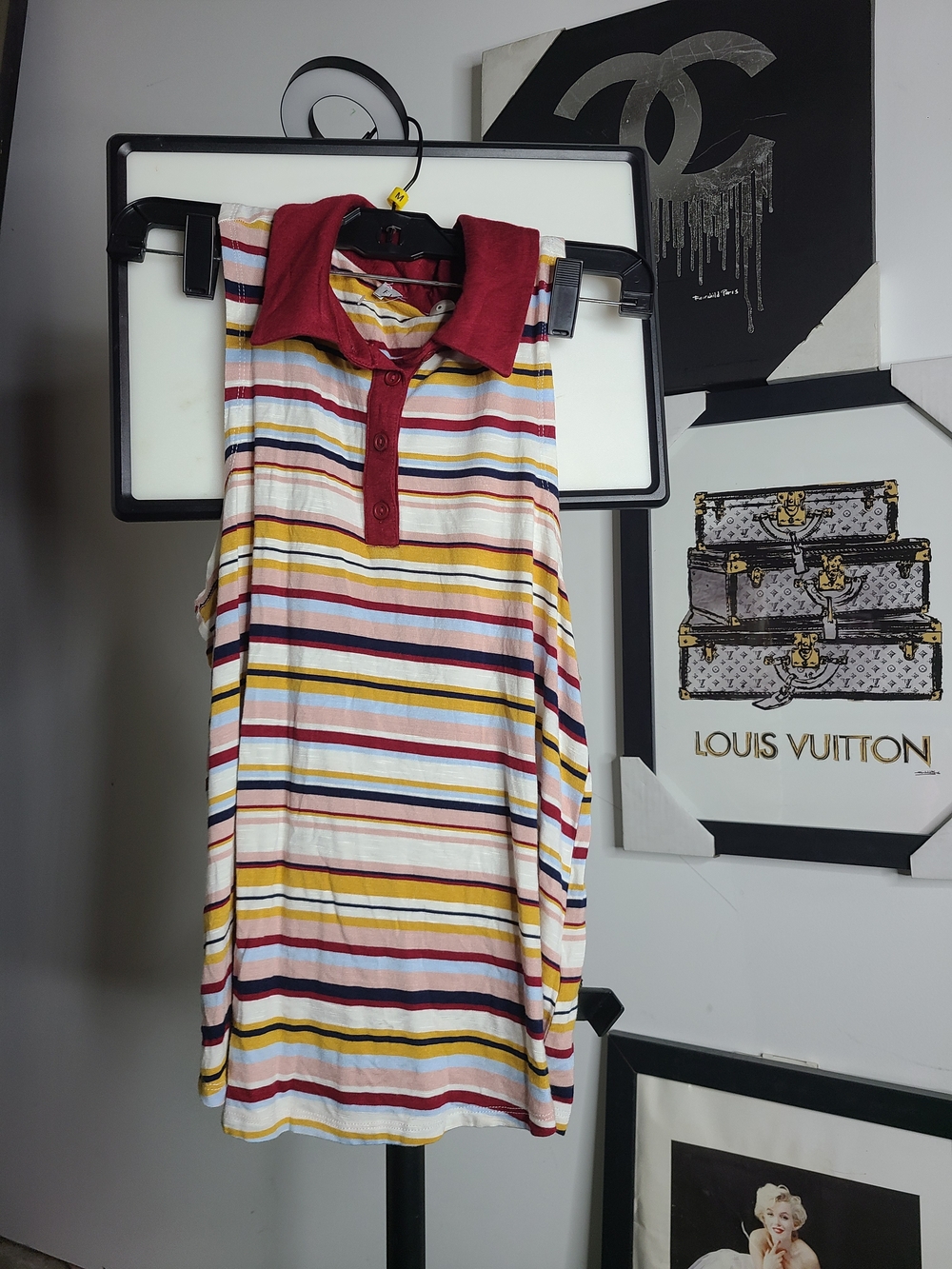 Striped Sleeveless Polo Tank with Red Collar